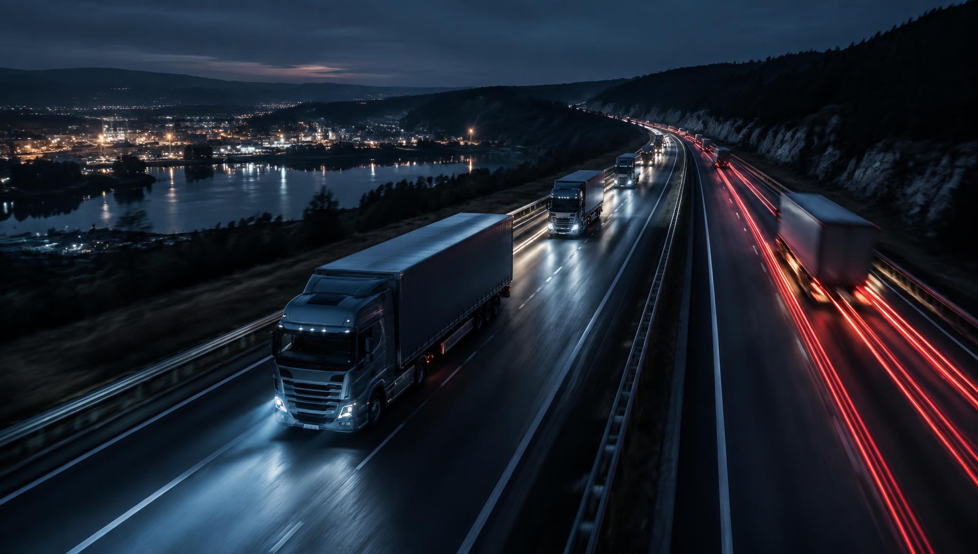 Freight trucks moving along a highway at night