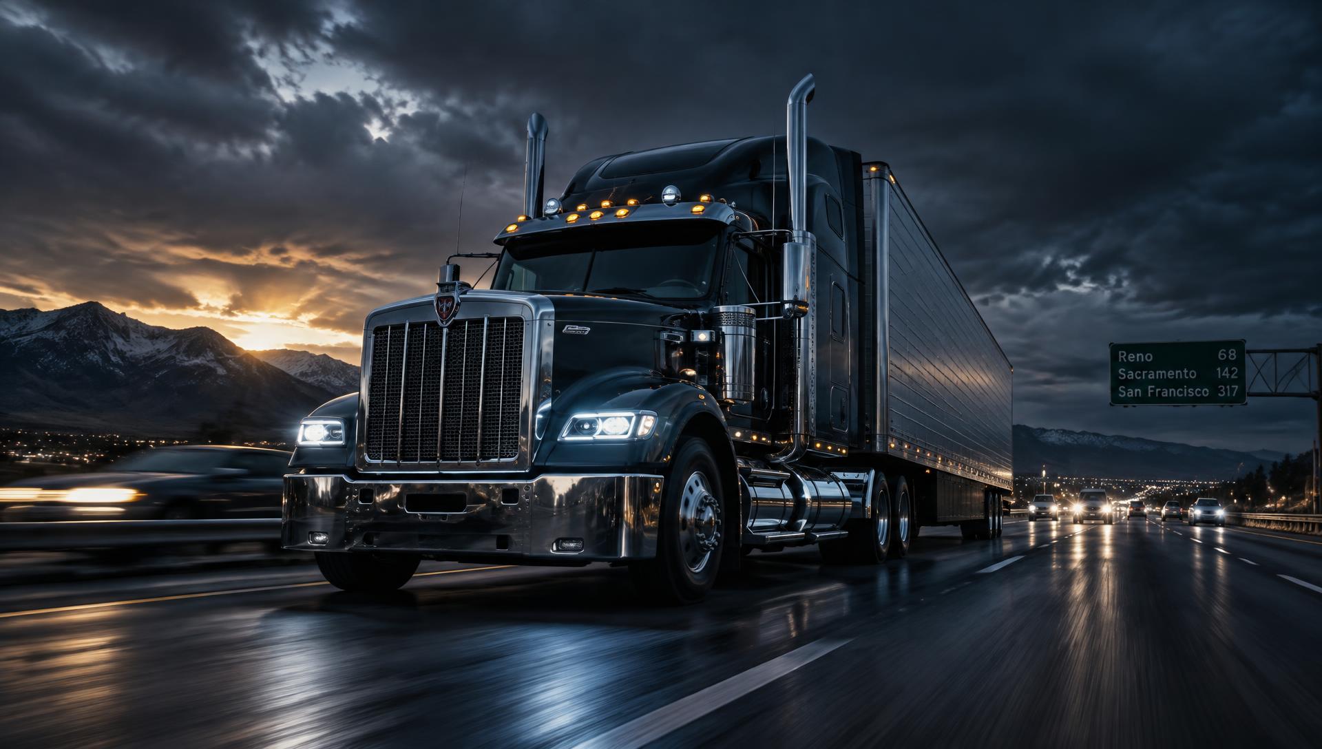 Semi truck hauling freight on an American interstate at dusk